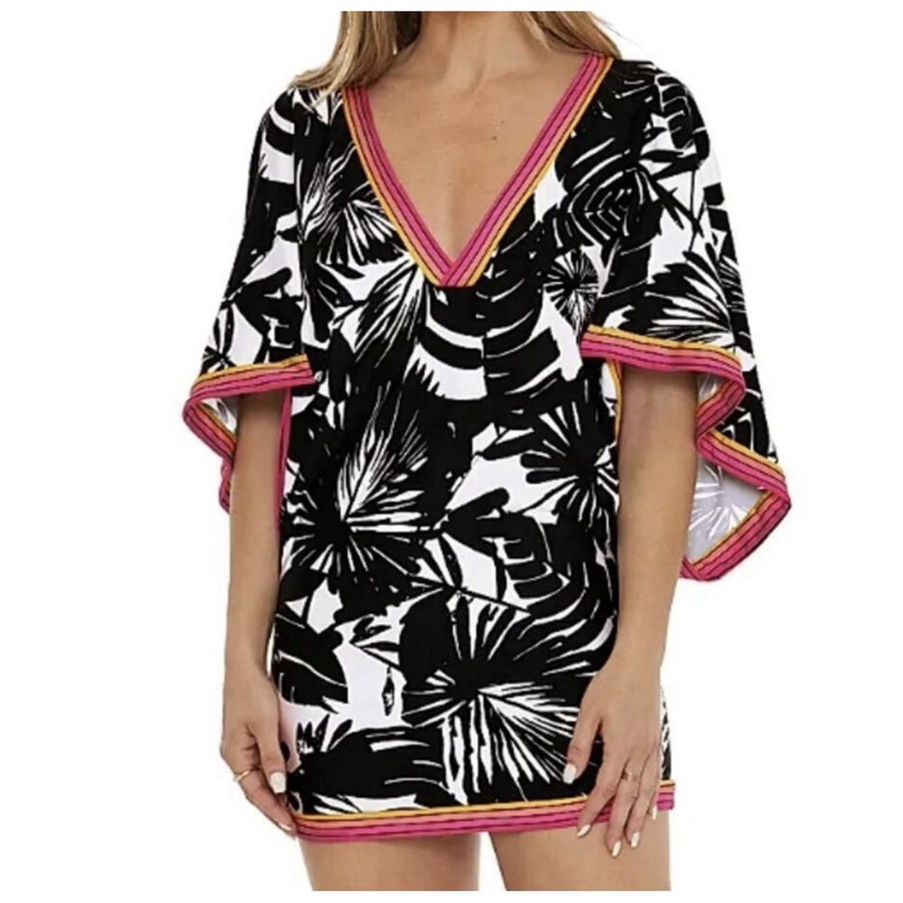 NWT Trina Turk  Lennox Tunic  Swim Cover-Up Dress M Black Floral Rainbow Trim